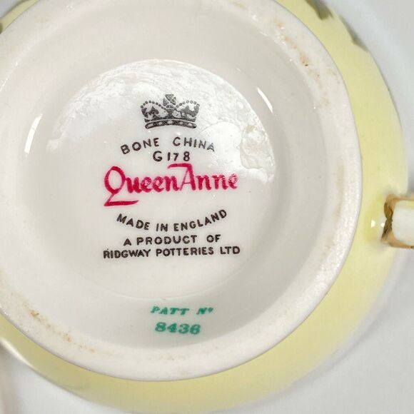 Vtg Queen Anne Ridgway Potteries China Tea Cup & Saucer 8436 Yellow Blue Daisy - Picture 7 of 11